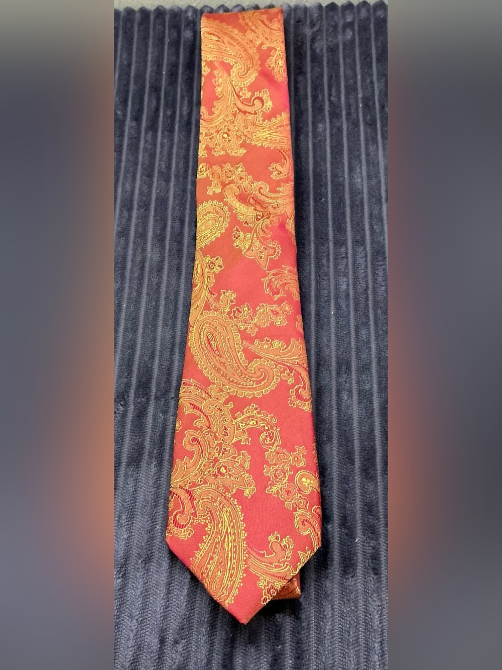 Vintage Burnt Orange Metallic Gold Paisley Necktie Ornate Baroque Silk Tie Men